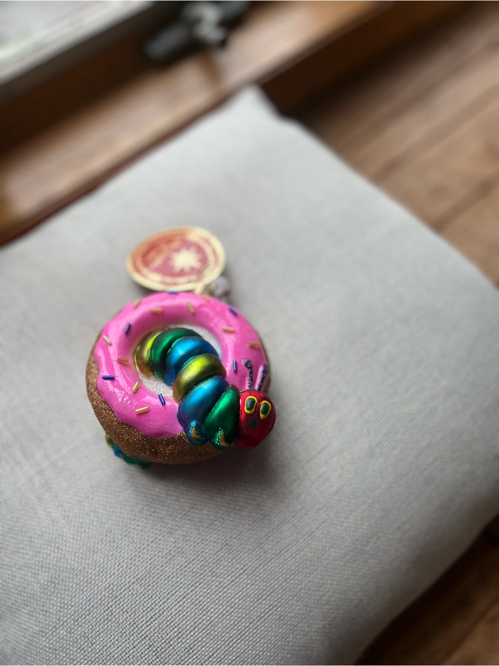 Christopher Radko Pink Donut with Multicolor Caterpillar Figurine